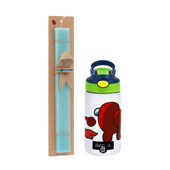 Among US i am impostor..., Easter Set, Children's thermal stainless steel bottle with safety straw, green/blue (350ml) & aromatic flat Easter candle (30cm) (TURQUOISE)