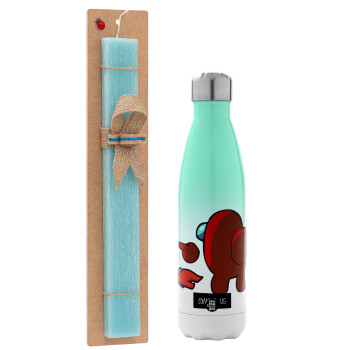 Among US i am impostor..., Easter Set, Metallic green/white thermos (Stainless steel), double-walled, 500ml & scented flat Easter candle (30cm) (TURQUOISE)