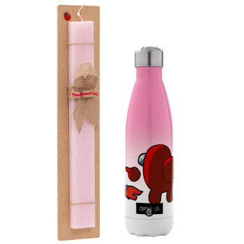 Among US i am impostor..., Easter Set, Metallic pink/white (Stainless steel) thermos, double-walled, 500ml & aromatic flat Easter candle (30cm) (PINK)
