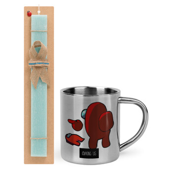 Among US i am impostor..., Easter Set, metallic thermal cup (300ml) & aromatic flat Easter candle (30cm) (TURQUOISE)