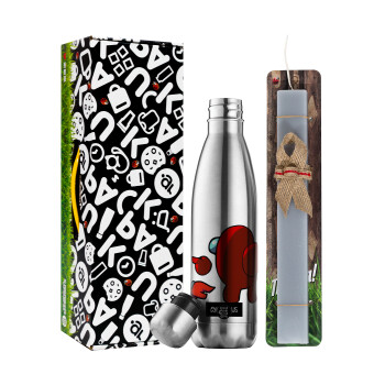 Among US i am impostor..., Easter Set, metallic stainless thermos flask (500ml) & scented flat Easter candle (30cm) (GRAY)