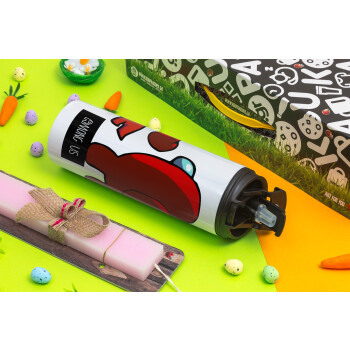 Among US i am impostor..., Easter candle,Travel Tumbler 2 Lids, with metal straw & cleaning brush & aromatic flat candle (30cm) (PINK)