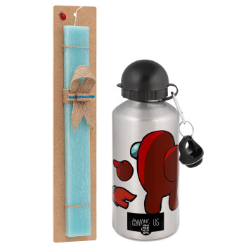 Among US i am impostor..., Easter Set, metallic silver aluminum water bottle (500ml) & scented flat Easter candle (30cm) (TURQUOISE)