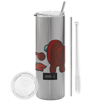 Among US i am impostor..., Eco friendly stainless steel Silver tumbler 600ml, with metal straw & cleaning brush