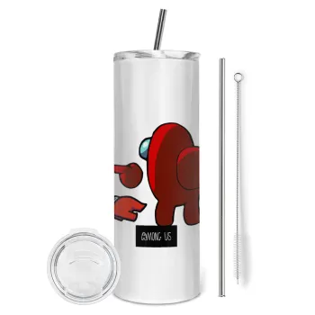 Among US i am impostor..., Tumbler ποτήρι θερμό από ανοξείδωτο ατσάλι 600ml, με μεταλλικό καλαμάκι & βούρτσα καθαρισμού