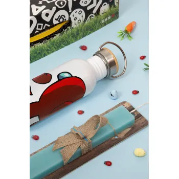 Among US i am impostor..., Πασχαλινή Λαμπάδα με παγούρι μεταλλικό Ασημένιο αλουμινίου (500ml) & κερί αρωματικό πλακέ (30cm) (ΤΙΡΚΟΥΑΖ)