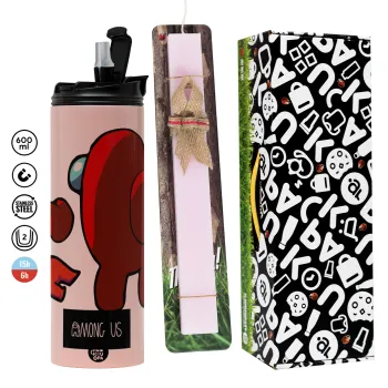 Among US i am impostor..., Easter candle,Travel Tumbler 2 Lids, with metal straw & cleaning brush & aromatic flat candle (30cm) (PINK)
