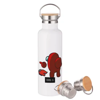 Among US i am impostor..., Stainless steel White with wooden lid (bamboo), double wall, 750ml
