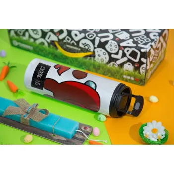 Among US i am impostor..., Easter candle,Travel Tumbler 2 Lids, with metal straw & cleaning brush & aromatic flat candle (30cm) (BLUE)