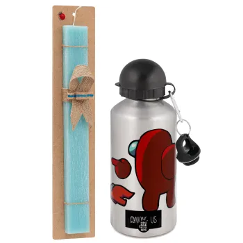 Among US i am impostor..., Πασχαλινή Λαμπάδα με παγούρι μεταλλικό Ασημένιο αλουμινίου (500ml) & κερί αρωματικό πλακέ (30cm) (ΤΙΡΚΟΥΑΖ)