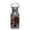 Stainless steel metallic thermos flask, silver with a bamboo lid, double-walled, 350ml.