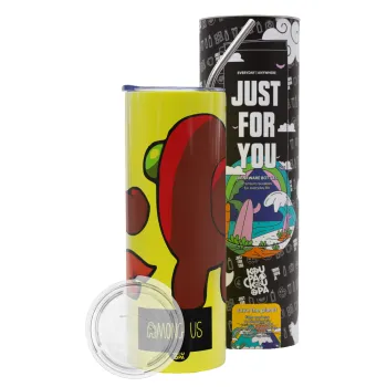 Among US i am impostor..., Neon Yellow Travel Tumbler θερμό, μεταλλικό καλαμάκι(Ανωξείδωτο 304 Food grade, BPA free, 600ml)