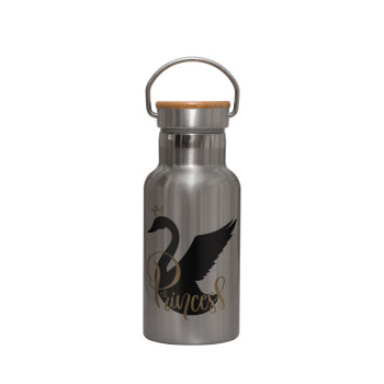 Swan Princess, Stainless steel metallic thermos flask, silver with a bamboo lid, double-walled, 350ml.