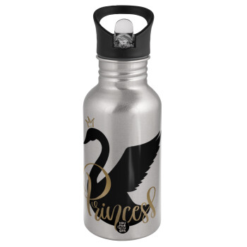 Swan Princess, Water bottle Silver with straw, stainless steel 500ml