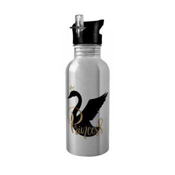 Swan Princess, Water bottle Silver with straw, stainless steel 600ml