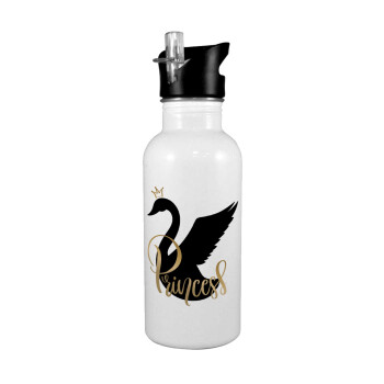 Swan Princess, Παγούρι νερού Λευκό με καλαμάκι, ανοξείδωτο ατσάλι 600ml