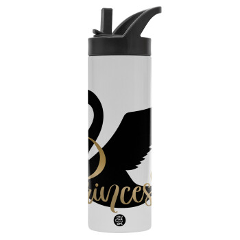 Swan Princess, Metallic thermos bottle with straw & handle, stainless steel (Stainless steel 304), double-walled, 600ml.