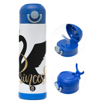 Swan Princess, Children's hot water bottle, stainless steel, with safety straw, BLUE (500ml)
