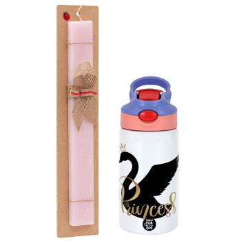 Swan Princess, Easter Set, Children's thermal stainless steel water bottle with safety straw, pink/purple (350ml) & Easter scented flat candle (30cm) (PINK)
