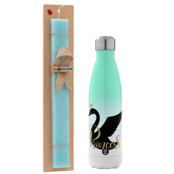 Swan Princess, Easter Set, Metallic green/white thermos (Stainless steel), double-walled, 500ml & scented flat Easter candle (30cm) (TURQUOISE)