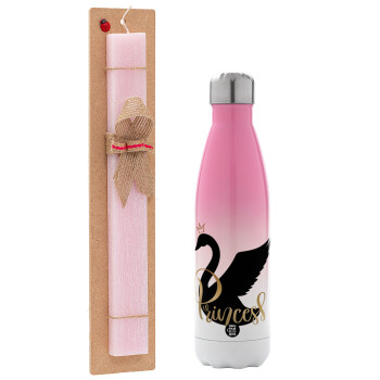 Swan Princess, Easter Set, Metallic pink/white (Stainless steel) thermos, double-walled, 500ml & aromatic flat Easter candle (30cm) (PINK)