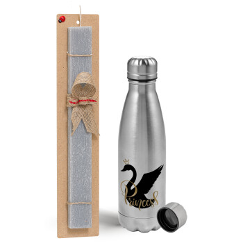 Swan Princess, Easter Set, metallic Inox water bottle (750ml) & aromatic flat Easter candle (30cm) (GRAY)
