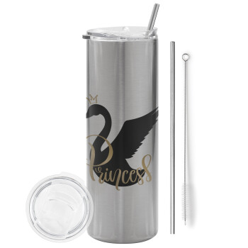 Swan Princess, Eco friendly stainless steel Silver tumbler 600ml, with metal straw & cleaning brush