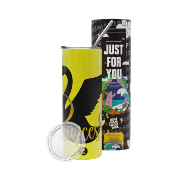Swan Princess, Neon Yellow Travel Tumbler θερμό, μεταλλικό καλαμάκι(Ανωξείδωτο 304 Food grade, BPA free, 600ml)