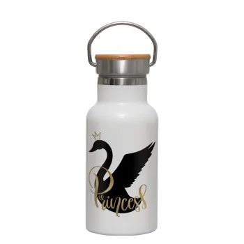 Swan Princess, Metallic thermos (Stainless steel) White with wooden lid (bamboo), double-walled, 350ml