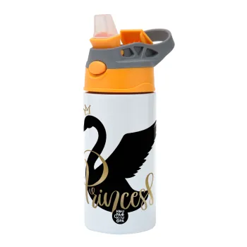 Swan Princess, Children's hot water bottle, stainless steel, with safety straw, Orange/Grey (360ml) BPA-FREE