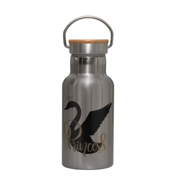 Swan Princess, Stainless steel metallic thermos flask, silver with a bamboo lid, double-walled, 350ml.