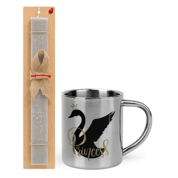 Swan Princess, Πασχαλινή Λαμπάδα με μεταλλική κούπα θερμό (300ml) & κερί αρωματικό πλακέ (30cm) (ΓΚΡΙ)