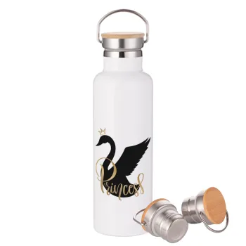 Swan Princess, Stainless steel White with wooden lid (bamboo), double wall, 750ml