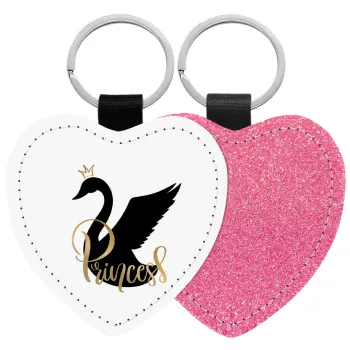 Swan Princess, Μπρελόκ PU δερμάτινο glitter καρδιά ΡΟΖ