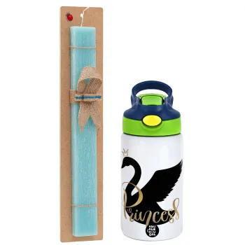 Swan Princess, Easter Set, Children's thermal stainless steel bottle with safety straw, green/blue (350ml) & aromatic flat Easter candle (30cm) (TURQUOISE)