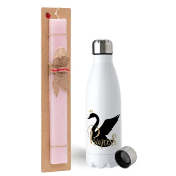 Swan Princess, Easter Set, metallic stainless steel water bottle (750ml) & scented flat Easter candle (30cm) (PINK)