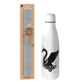 Swan Princess, Easter Set, metallic stainless thermos bottle (500ml) & scented flat Easter candle (30cm) (GRAY)