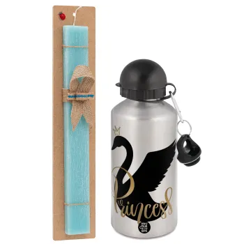 Swan Princess, Easter Set, metallic silver aluminum water bottle (500ml) & scented flat Easter candle (30cm) (TURQUOISE)