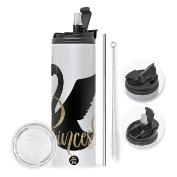 Swan Princess, Travel Tumbler θερμό με διπλό καπάκι, μεταλλικό καλαμάκι και βούρτσα καθαρισμού (Ανωξείδωτο 304 Food grade, BPA free, 600ml)