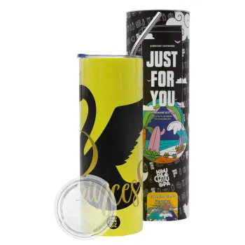 Swan Princess, Neon Yellow Travel Tumbler θερμό, μεταλλικό καλαμάκι(Ανωξείδωτο 304 Food grade, BPA free, 600ml)