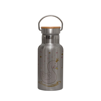 Crowned swan, Stainless steel metallic thermos flask, silver with a bamboo lid, double-walled, 350ml.