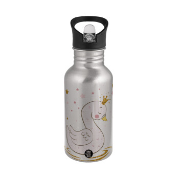 Crowned swan, Water bottle Silver with straw, stainless steel 500ml