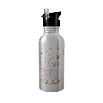 Crowned swan, Water bottle Silver with straw, stainless steel 600ml