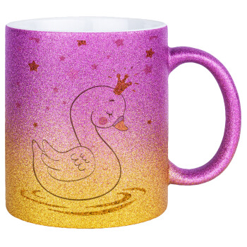 Crowned swan, Κούπα Χρυσή/Ροζ Glitter, κεραμική, 330ml