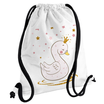 Crowned swan, Backpack pouch GYMBAG white, with pocket (40x48cm) & thick cords