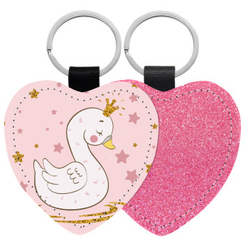 Crowned swan, Μπρελόκ PU δερμάτινο glitter καρδιά ΡΟΖ