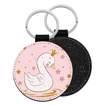 Crowned swan, Μπρελόκ Δερματίνη, στρογγυλό ΜΑΥΡΟ (5cm)