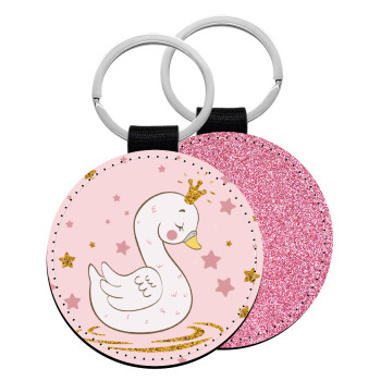 Crowned swan, Μπρελόκ Δερματίνη, στρογγυλό ΡΟΖ (5cm)