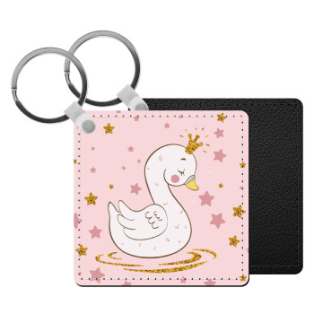 Crowned swan, Μπρελόκ Δερματίνη, τετράγωνο ΜΑΥΡΟ (5x5cm)