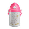 Κύκνος με στέμα, Ροζ παιδικό παγούρι πλαστικό (BPA-FREE) με καπάκι ασφαλείας, κορδόνι και καλαμάκι, 400ml
